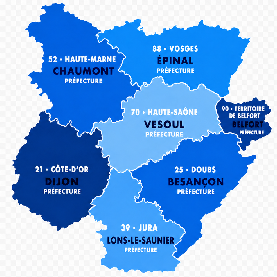 Carte des départements desservis par DIVEDIO : Côte-d’Or, Doubs, Jura, Haute-Marne, Haute-Saône, Vosges et Territoire de Belfort